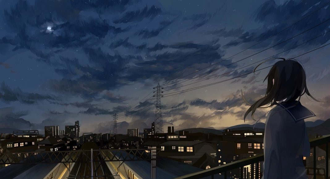 hình ảnh anime girl buồnvới khung cảnh thành phố